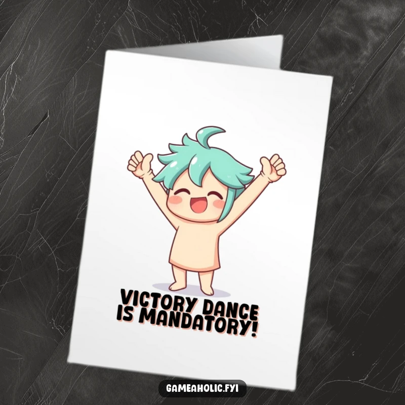Funny Free Printable Congratulations Card of a character in a jubilant victory dance with arms raised high in triumph.