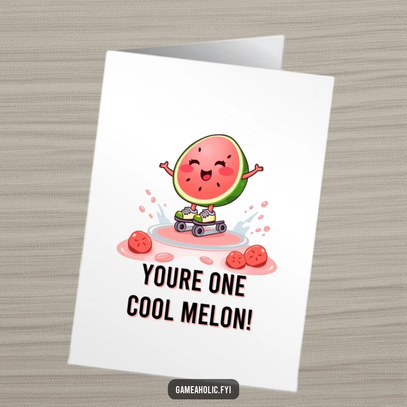 Funny Free Printable Congratulations Card: A happy watermelon slice wearing roller skates, gracefully gliding across a pool of its own juice.