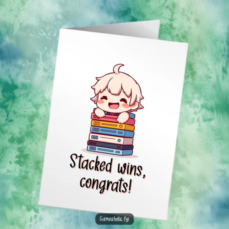 Funny Free Printable Congratulations Card showing a character grinning while balancing a huge stack of video game cases.