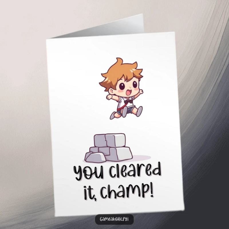Funny Free Printable Congratulation Card: Character leaping over a pixelated obstacle, a triumphant celebration.