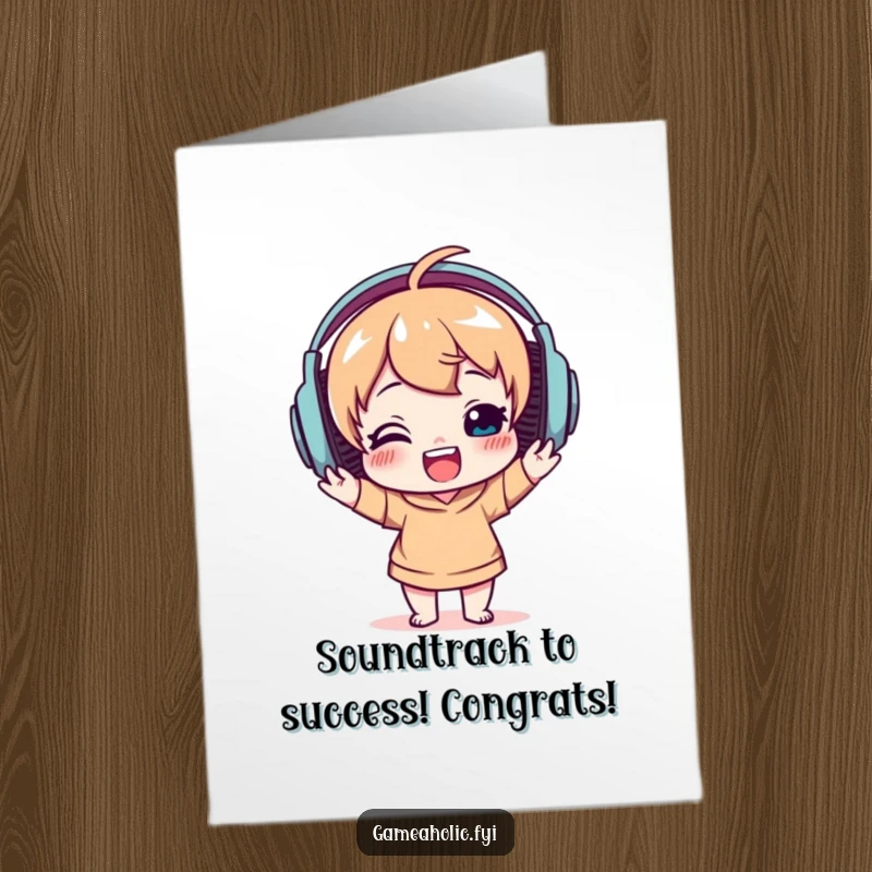 Funny Free Printable Congrats Card: Delighted character in oversized headphones, bopping their head to celebrate.