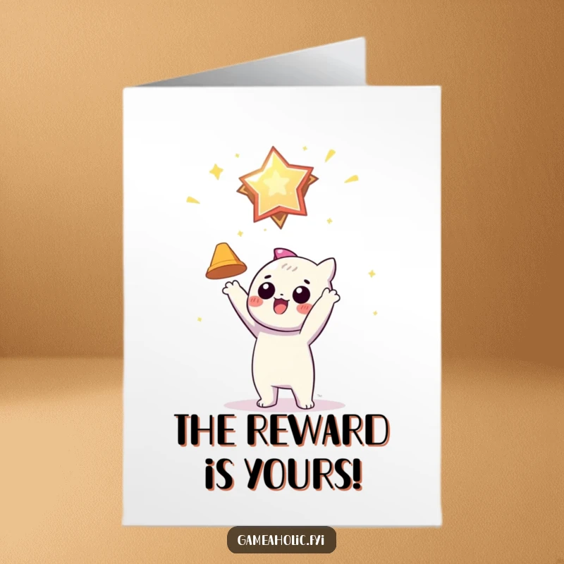 Funny Free Printable Gamer Congratulations Card: Character enthusiastically reaches out for a glittering virtual award, celebrating success.