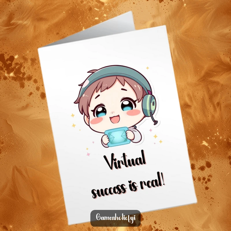 Funny Free Printable Gamer Congratulations Card: Character's face beams with delight, captivated by a vibrant, flashing virtual world.