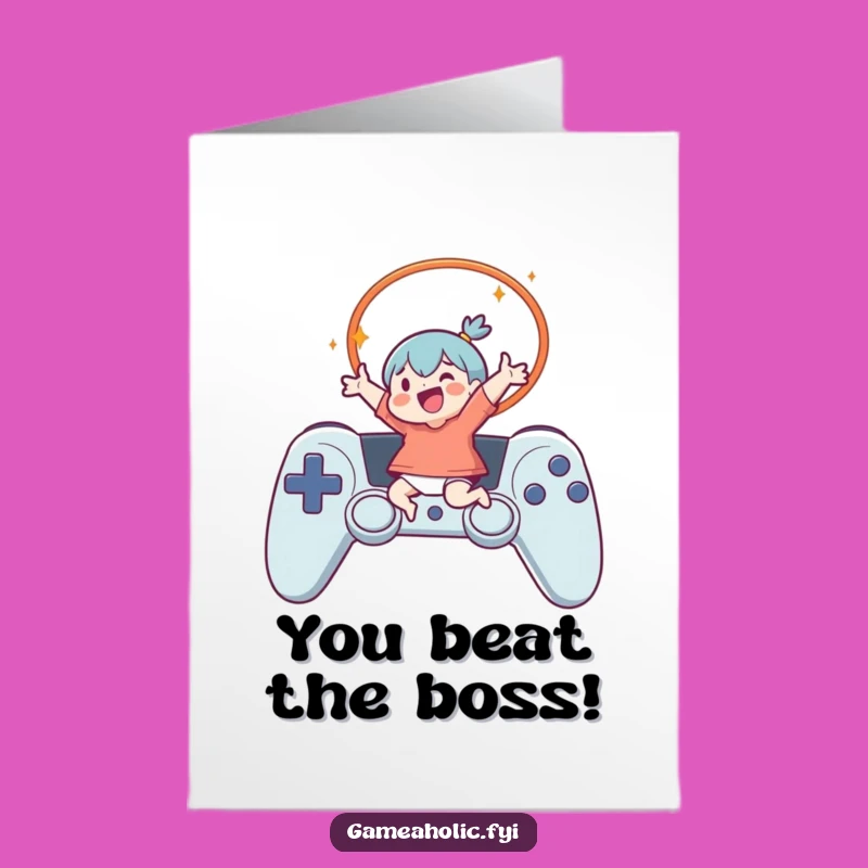 Free Printable Congrats Card: Leaping Gamer Character for Big Wins Downloadable