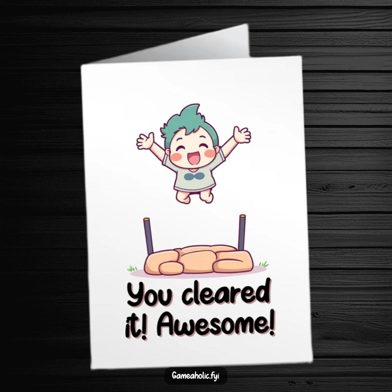 Funny Free Printable Congrats Card: Character excitedly leaps over a virtual obstacle with arms outstretched, celebrating achievement, DIY.