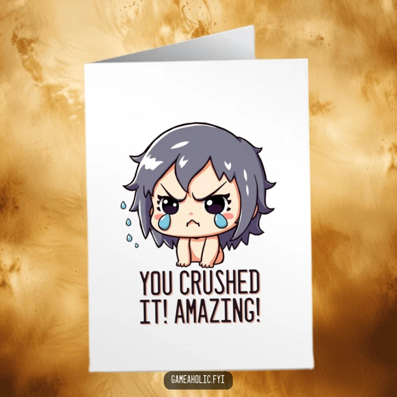 Funny Free Printable Congratulations Card: Playful character intensely focused, sweat flying, celebrating a hard-won achievement.