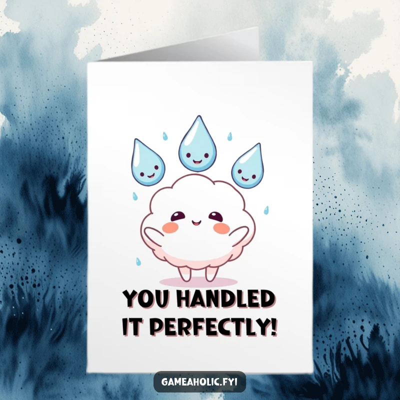 Funny Free Printable Congratulations Card: A cloud character juggling three smiling, anthropomorphic raindrops with impressive skill and joy.