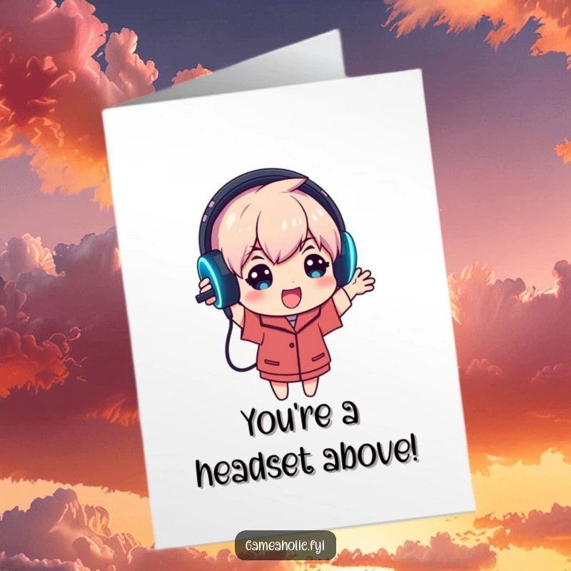 Funny free printable congratulations card showing a character proudly holding up a glowing gaming headset, celebrating new tech.