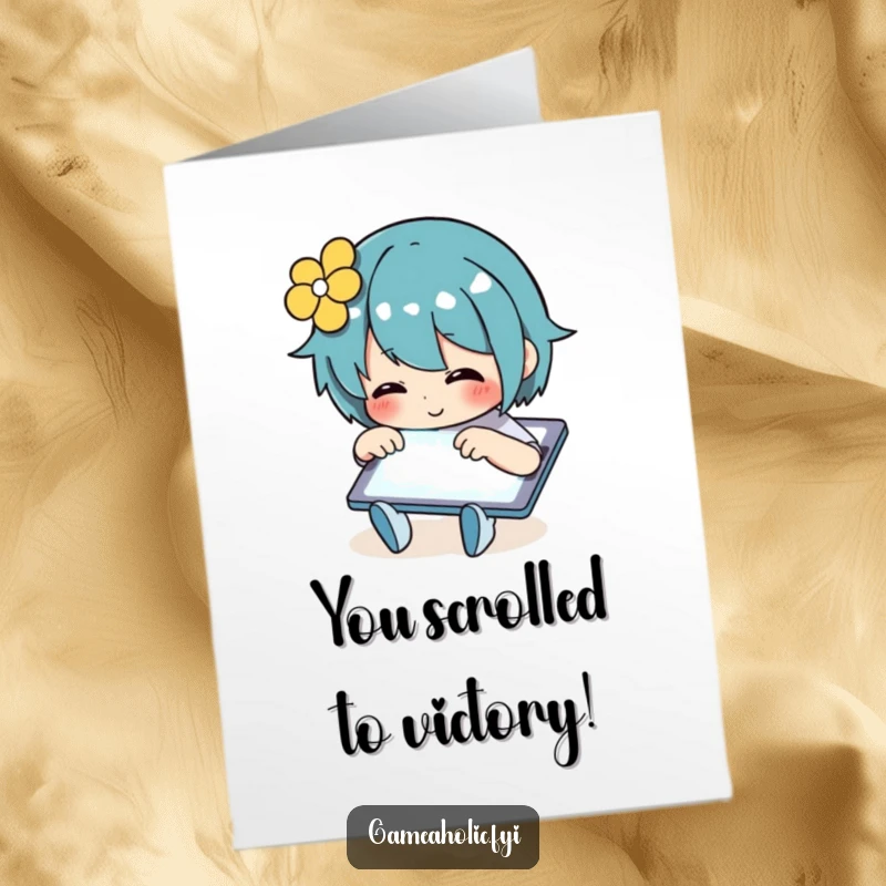 Funny Free Printable Congratulations Card showing a character achieving success by tapping rapidly on a glowing tablet.