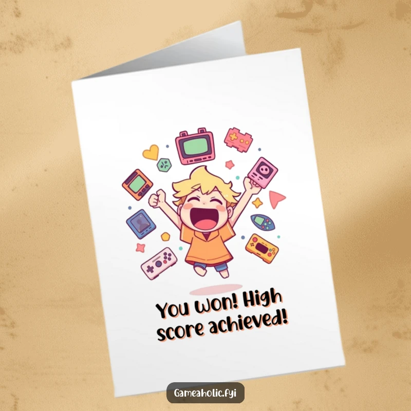 Funny Free Printable Congratulations Card: Gamer cheering wildly amidst game icons, celebrating a great success. Downloadable gamer gift.