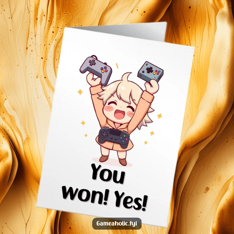 Funny free printable congratulations card showing a gamer throwing a controller in the air, celebrating a huge gaming victory.