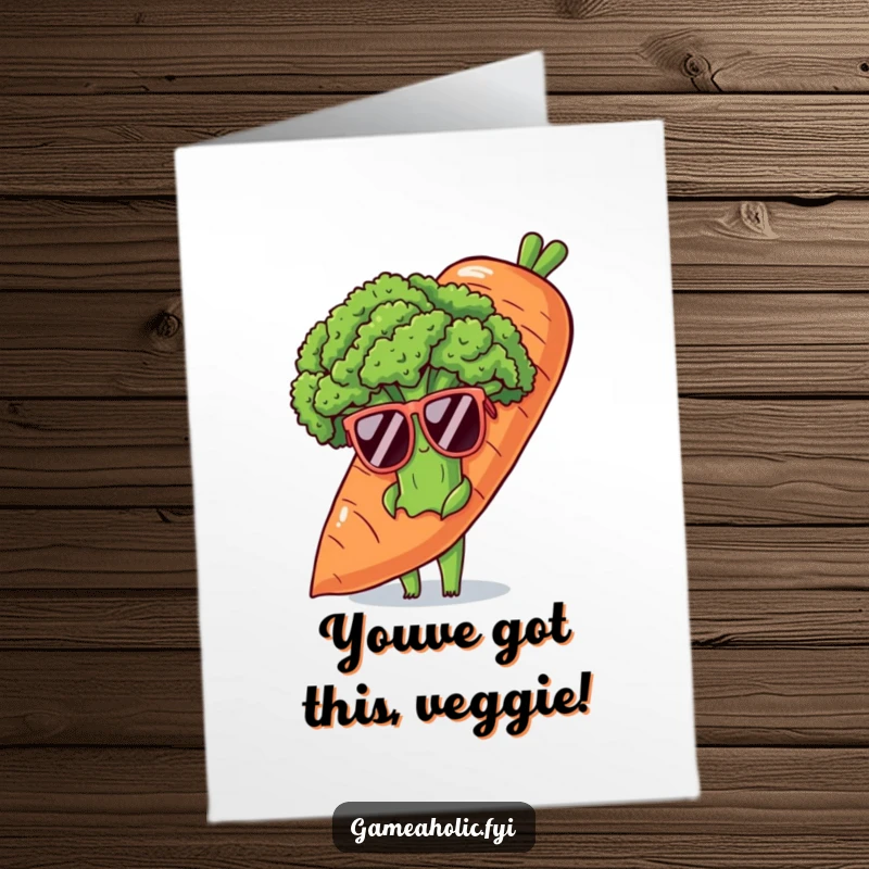 Funny Free Printable Congratulations Card: A shy broccoli stalk wearing huge sunglasses, peeking shyly from behind a massive carrot.