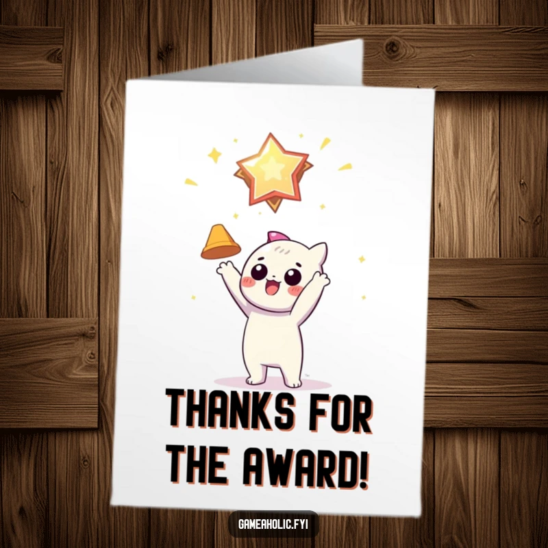 Funny Free Printable Gamer Thank You Card: Character reaches eagerly for a virtual award, thanking someone for their winning contribution.