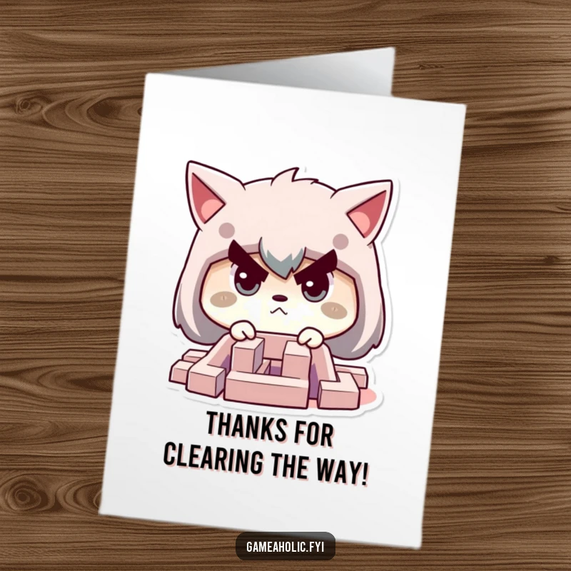 Funny Free Printable Thank You Card: Determined character focused on a tiny challenging maze, thanking them for problem-solving. Downloadable gift.