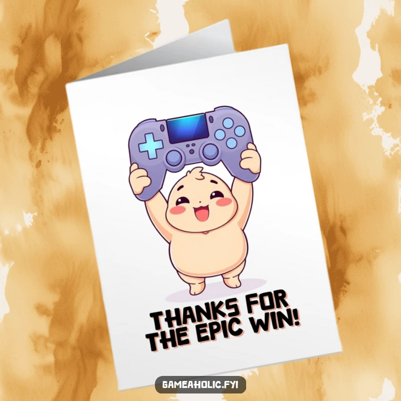 Funny Free Printable Thank You Card: Chubby gamer holding a giant game controller, expressing thanks with joy.