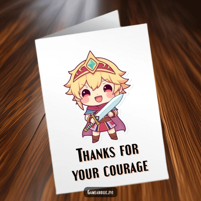 Funny Free Printable Thank You Card: Gamer character holding a sparkling sword, beaming with pride, expressing thanks, downloadable.