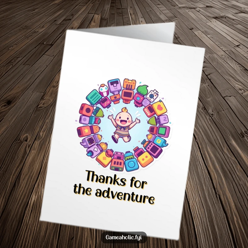 Funny Free Printable Thank You Card: Grateful gamer character leaping into a swirling portal of game icons.