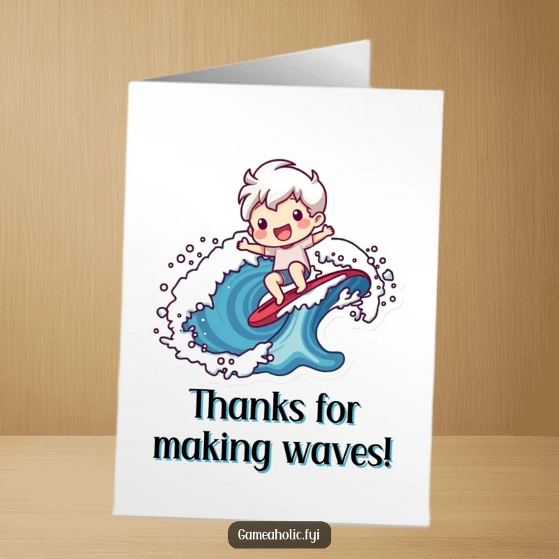 Funny Free Printable Thank You Card: Cheerful character confidently riding a stylized pixelated wave, conveying a cool and fun thank you.
