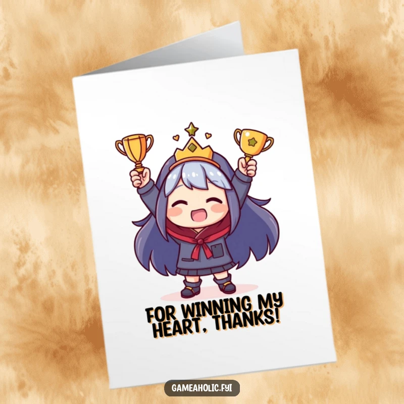 Funny Free Printable Thank You Card: A character joyfully holds a tiny trophy, expressing thanks with comical victory.