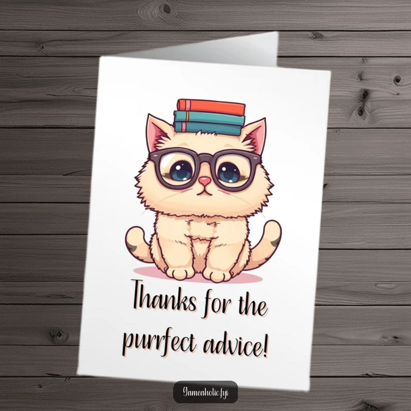 Funny Free Printable Thank You Card: Studious cat wearing large spectacles, balancing a tower of books.