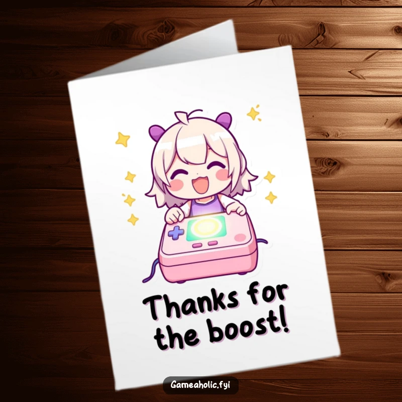Funny free printable thank you card with a gamer powering up a glowing console, expressing thanks.