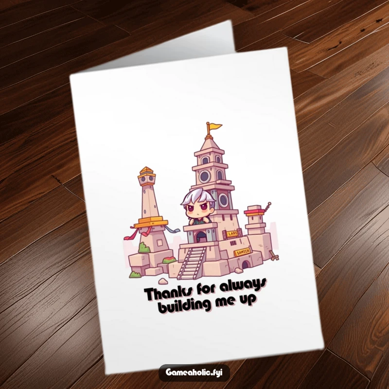 Funny Free Printable Thank You Card: Gamer intensely focused, constructing a grand virtual tower as a token of thanks.