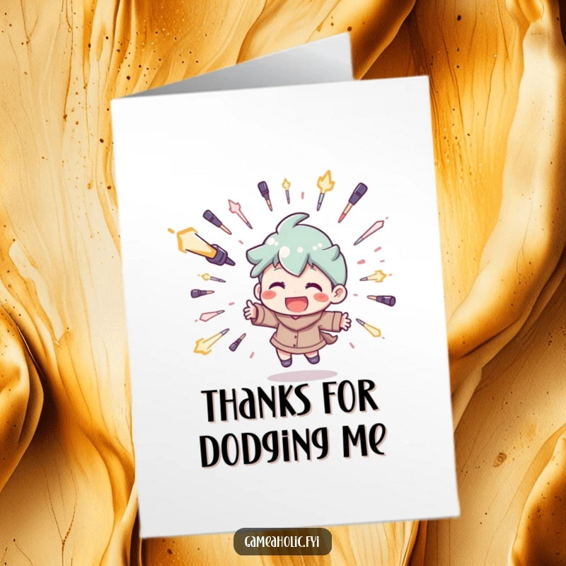 Funny Free Printable Thanks Card: Character joyfully dodging a shower of digital projectiles, expressing thanks for help.