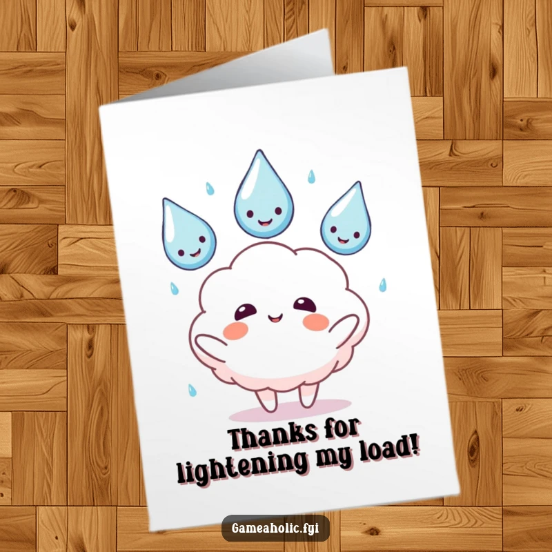 Funny Free Printable Thank You Card: Cloud character juggling three smiling raining drops, conveying thanks in a playful way.