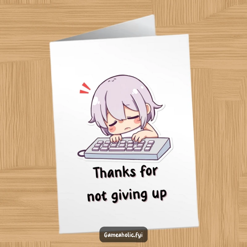 Funny Free Printable Thank You Card: Character dramatically slumps over a keyboard with an exaggerated sigh, offering a relatable thank you.