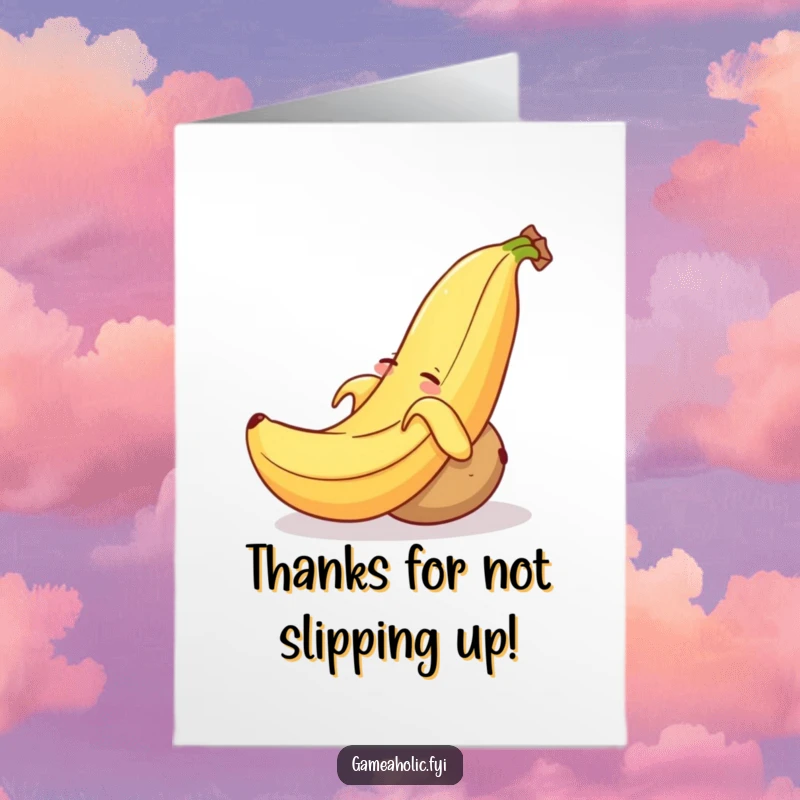 Funny Free Printable Thank You Card: Banana peel grinning as a sleepy potato rolls past, oblivious to the trap.