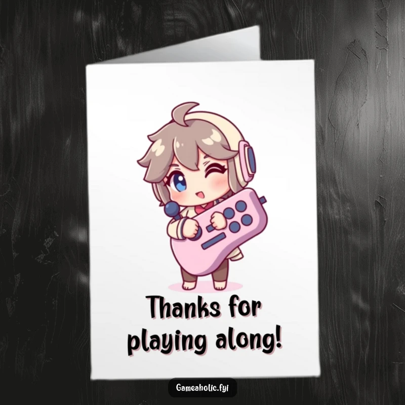 Funny Free Printable Thank You Card: Winking gamer character with a large joystick, sending a playful thank you message.