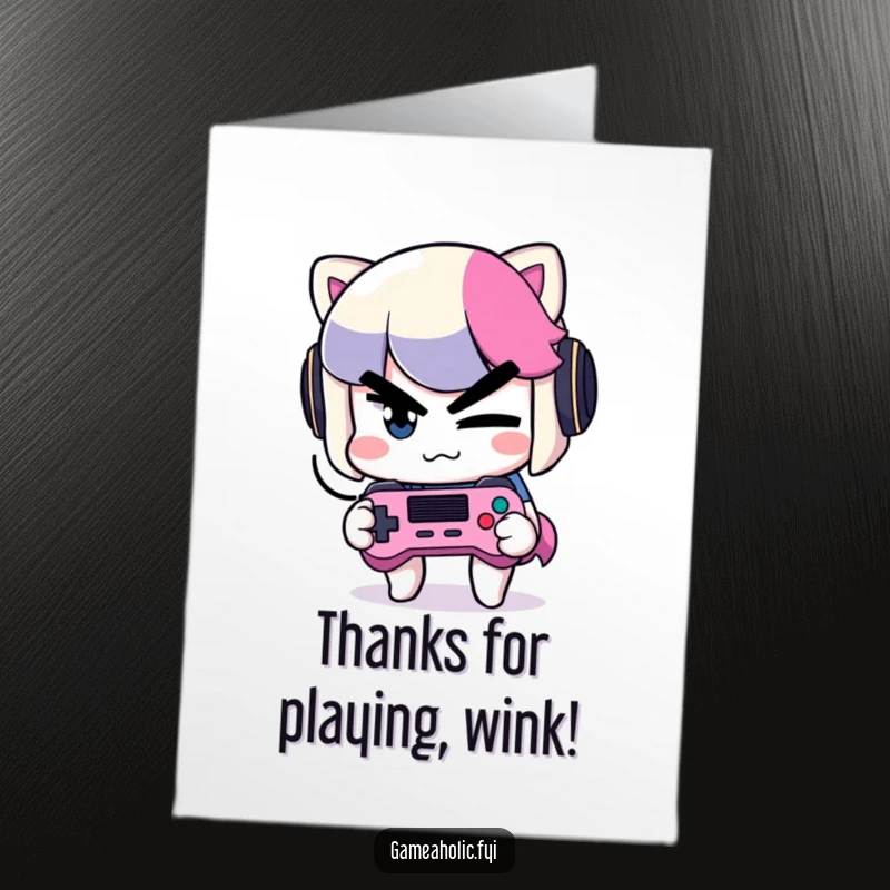 Funny Free Printable Thank You Card: Mischievous character winking and holding a game controller, expressing thanks slyly.