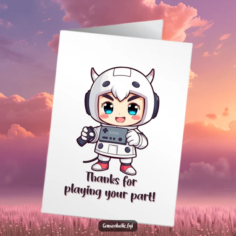 Funny Free Printable Thank You Card: Proud character striking a victorious pose with a game controller, conveying thanks with a gamer attitude.