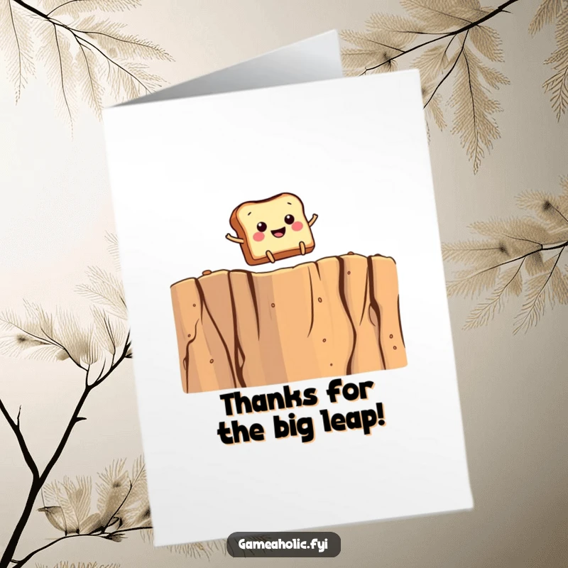 Funny Free Printable Thank You Card: Smiling toast figure with small legs jumping over a giant crumb, conveying thanks.