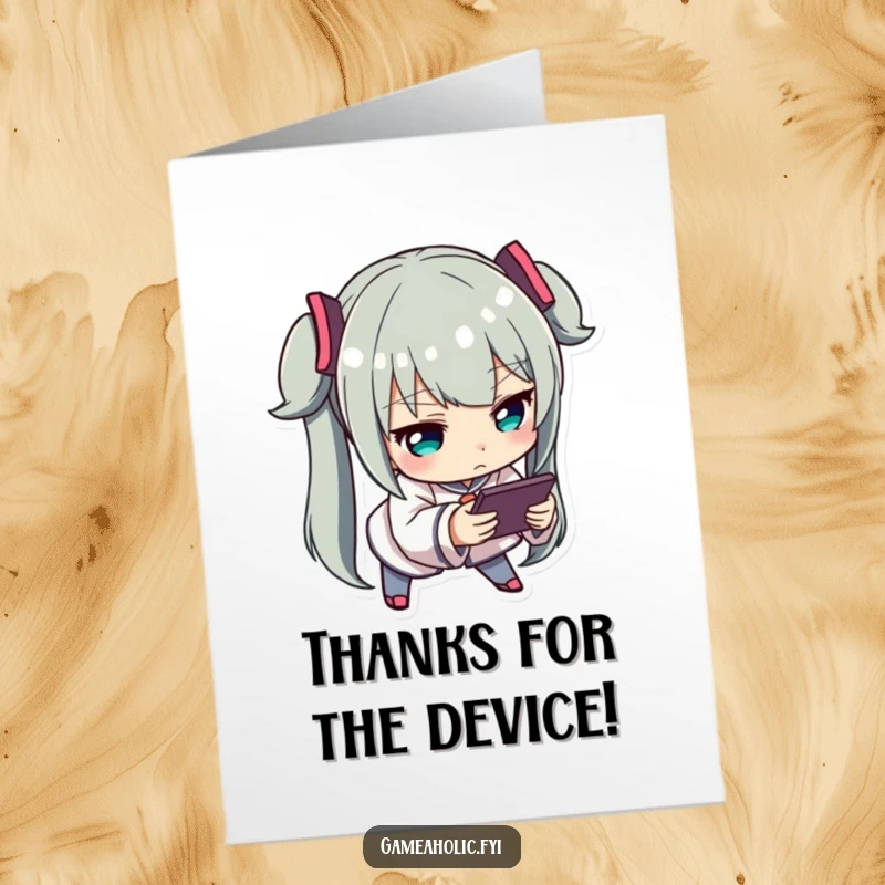 Funny Free Printable Thank You Card: Character intently focused on a handheld device, showing deep concentration.