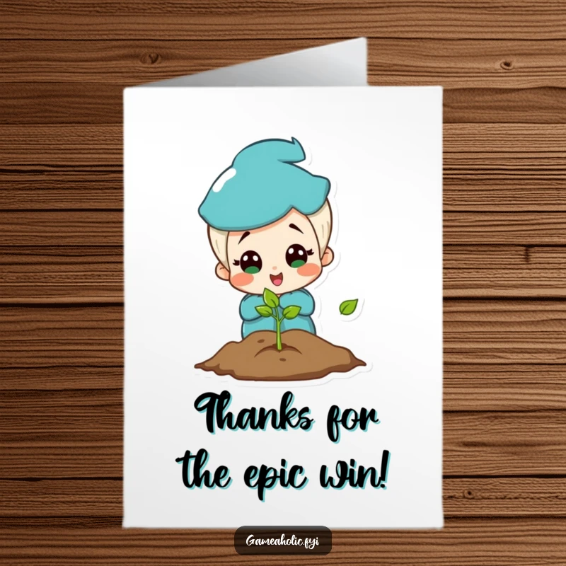 Funny Free Printable thank you card with a charming character amazed at a glowing game screen, expressing gratitude.
