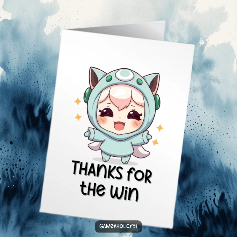 Funny Free Printable Thanks Card: Character with joyful eyes celebrating a successful maneuver, thanking for a great assist.