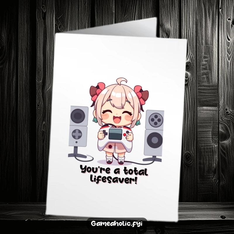 Funny free printable thank you card featuring a gamer with a tiny, oversized controller, conveying thanks.