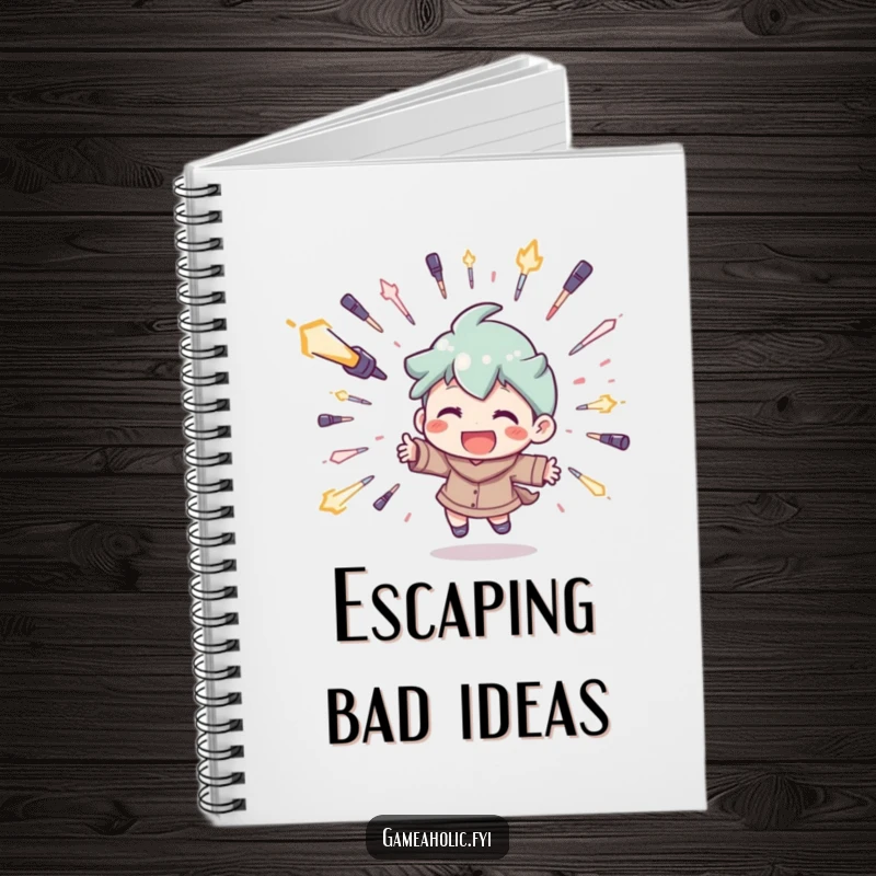 Funny notebook cover with a character playfully dodging digital projectiles with a grin, great for jotting down quick thoughts and ideas.