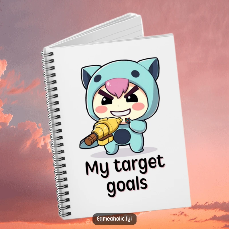 Funny archer notebook with a determined character aiming a small, pixelated target, ideal for jotting down goals.