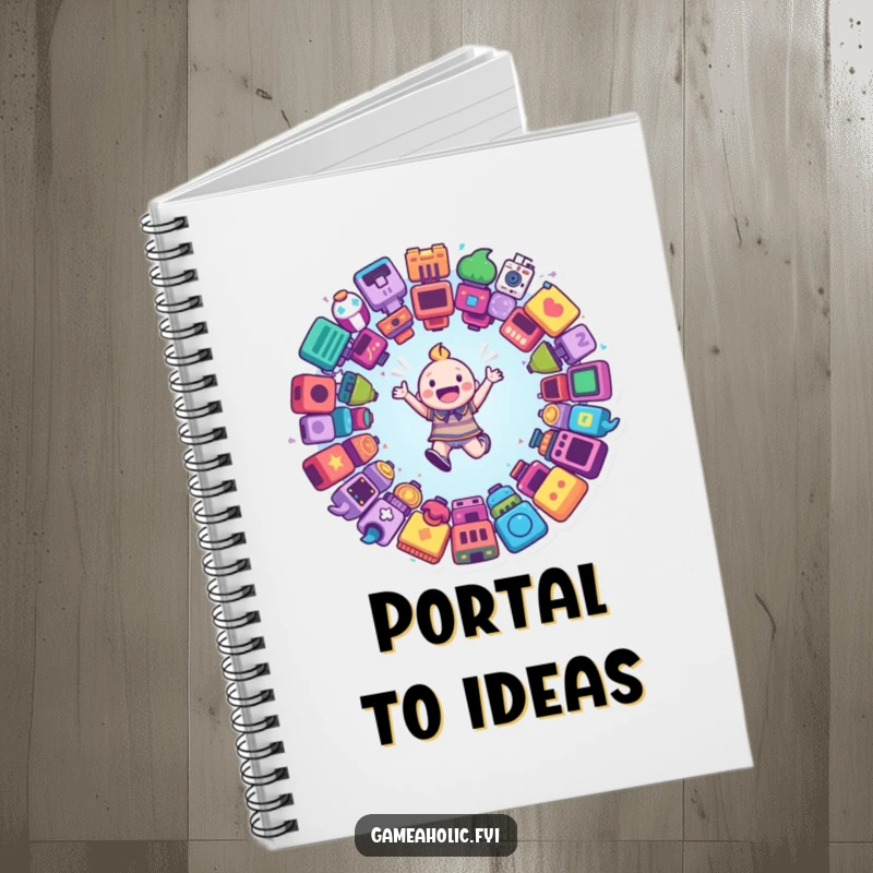 Funny notebook with a happy character leaping into a swirling vortex of game icons, ideal for note-taking and idea generation.