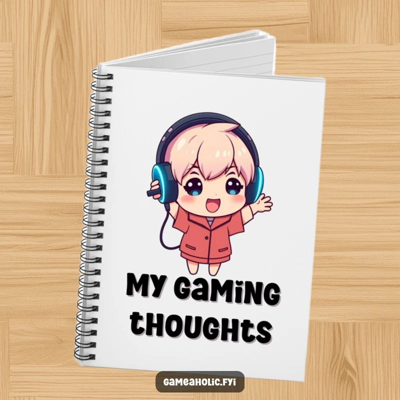 Funny notebook cover with an enthusiastic gamer character holding up a glowing gaming headset, symbolizing planning and immersive audio.