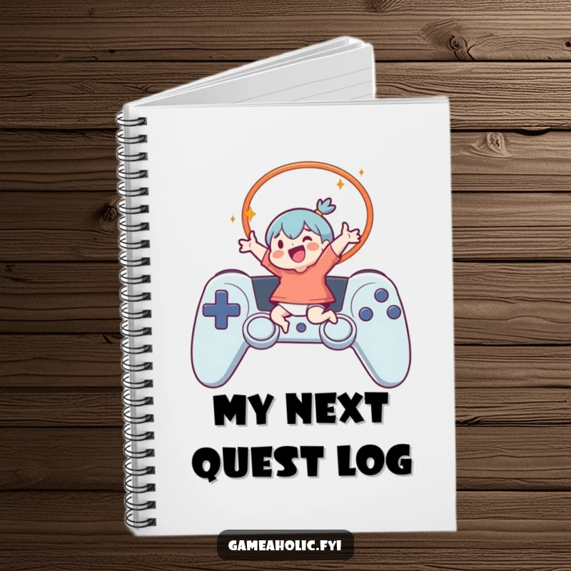 Funny Notebook with a character leaping joyfully through a controller hoop, perfect for note-taking, journaling, or sketching gamer dreams.