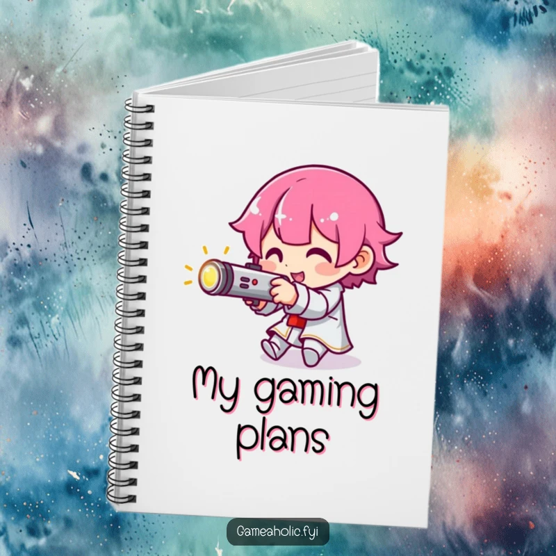 Funny notebook cover with a character aiming a small, glowing joystick, perfect for jotting down gaming strategies.