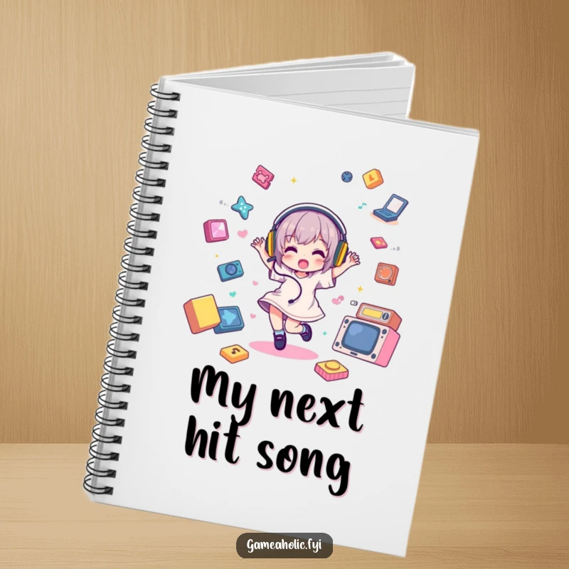 Funny Notebook cover with a dancing character in headphones among game icons, ideal for jotting down funny ideas.
