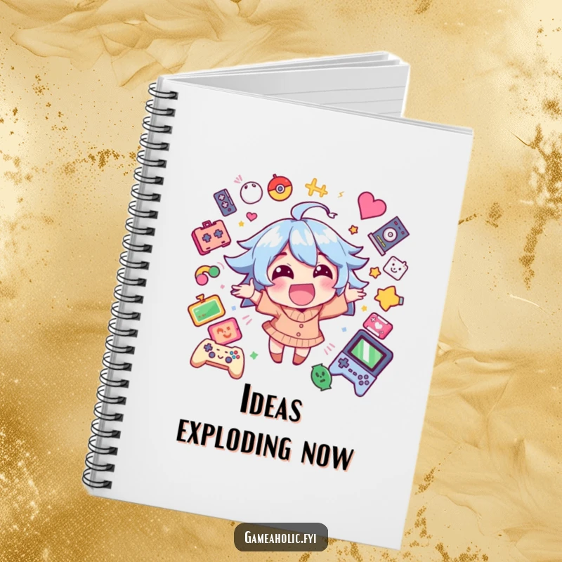 Funny notebook cover with a happy character experiencing excitement, surrounded by game icons, ready for notes.