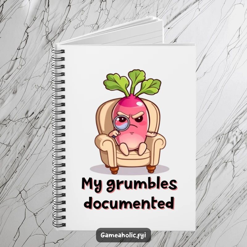 Funny notebook cover with a grumpy radish character sitting in a tiny armchair, inspecting details with a magnifying glass.