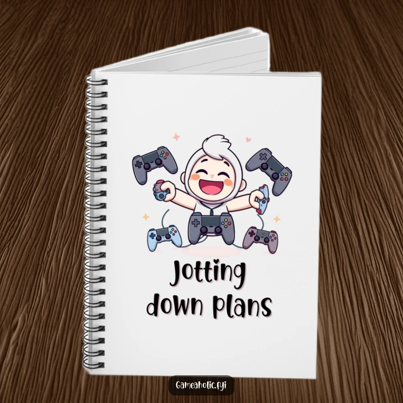 Funny notebook with a giggling character smiling while juggling game controllers, ideal for jotting down plans and ideas.