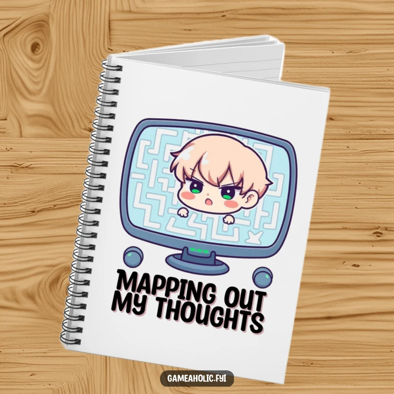 Funny notebook cover with a determined character navigating a complex maze on a screen, great for planning and note-taking.