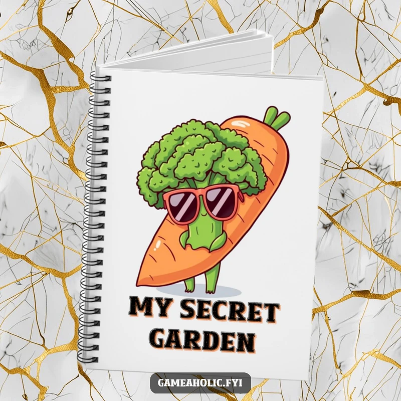 Funny notebook showing a shy broccoli stalk in sunglasses, peeking from behind a carrot, encouraging cool note-taking.